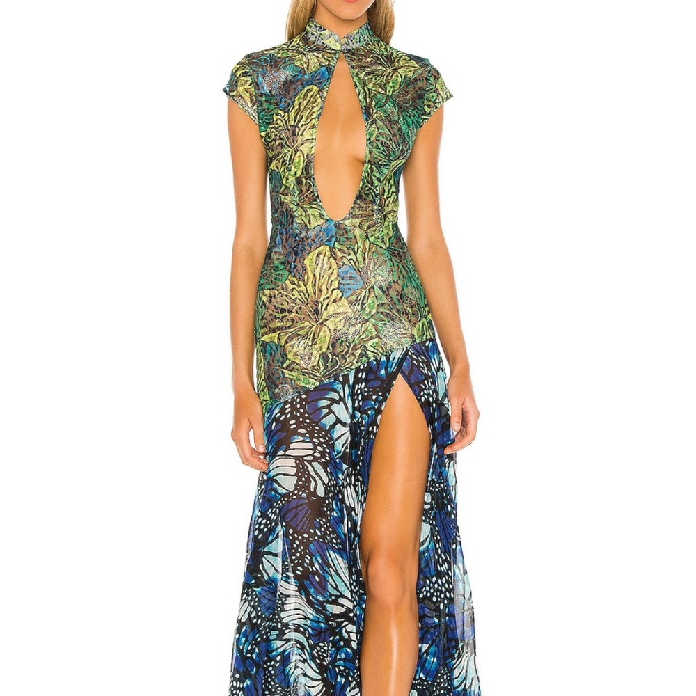 Kim Shui Green and Blue Floral Cutout High-Slit Gown